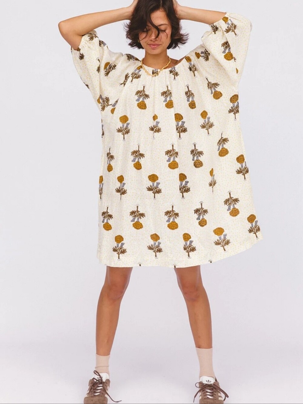 Daughters of India White and Floral Print Linen dress with linen tie